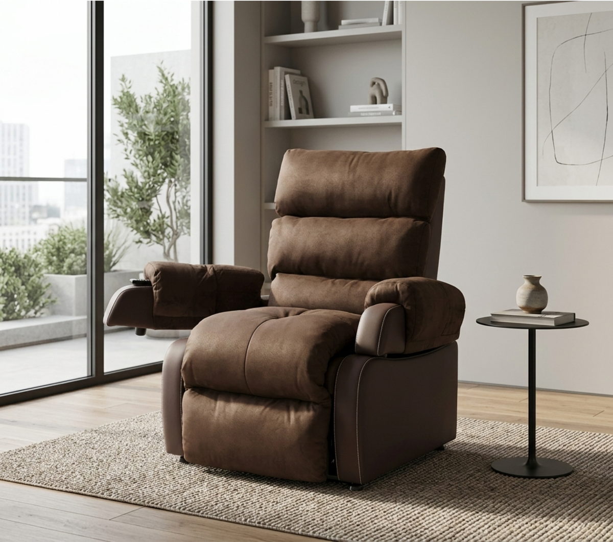 COCOON Generation 2 løftestol i brun velour – livsstilsbillede