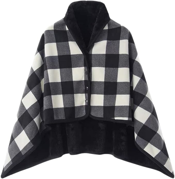 Varm indendørs hygge poncho - One size. Blød & lækker fleece med knapper. - Seniorpleje - Poncho - Seniorpleje - SPL-SHEP-03 - Sort-ternet - -